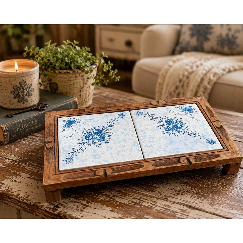 Vintage Mexican Tile Trivet Wood Serving Stand Blue Floral Kitchen Decor Rustic